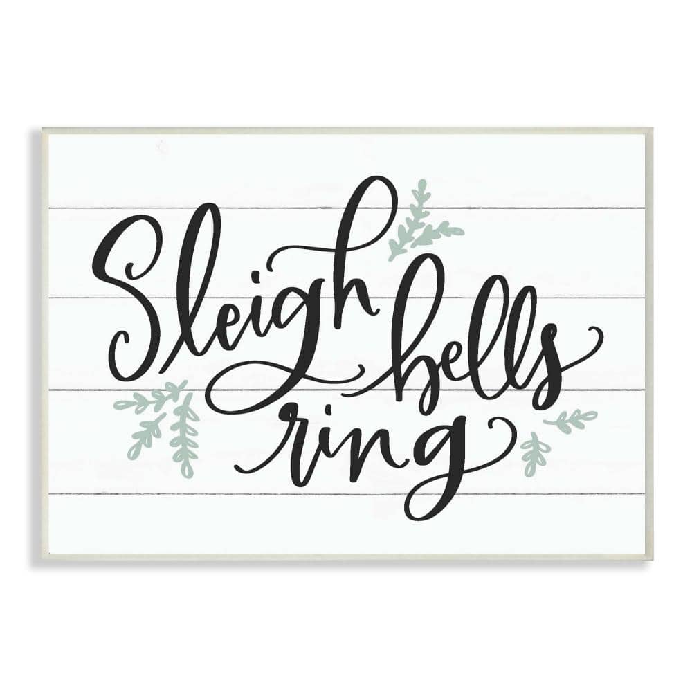 Stupell Industries 12.5 in. x 18.5 in. "Sleigh Bells Ring Black White and Blue Typography" by Artist Lettered and Lined Wood Wall Art