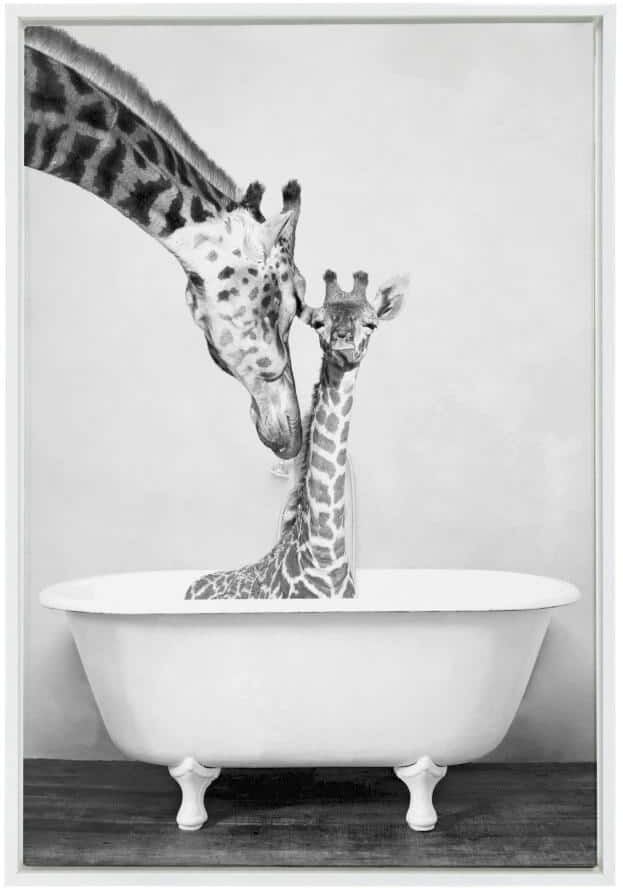 DesignOvation Sylvie "Giraffe in Tub" by Amy Peterson Art Studio Framed Canvas Wall Art 23 in. x 33 in.