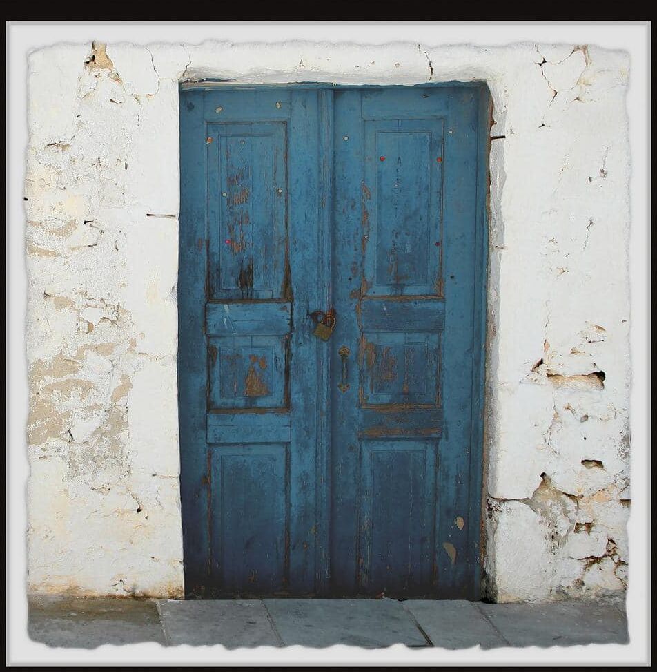 Blue Wooden Door by Marmont Hill Framed Architecture Art Print 32 in. x 32 in.