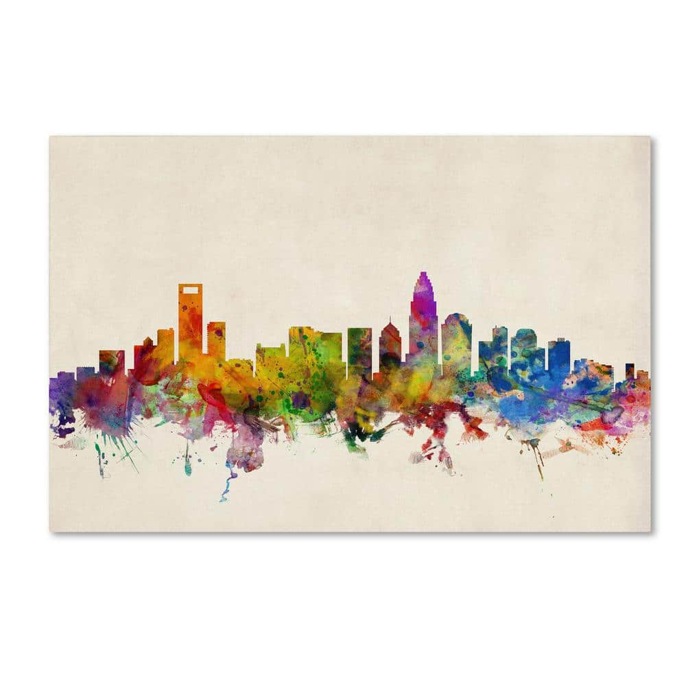 Trademark Fine Art 12 in. x 19 in. Charlotte Watercolor Skyline by Michael Tompsett Floater Frame Architecture Wall Art