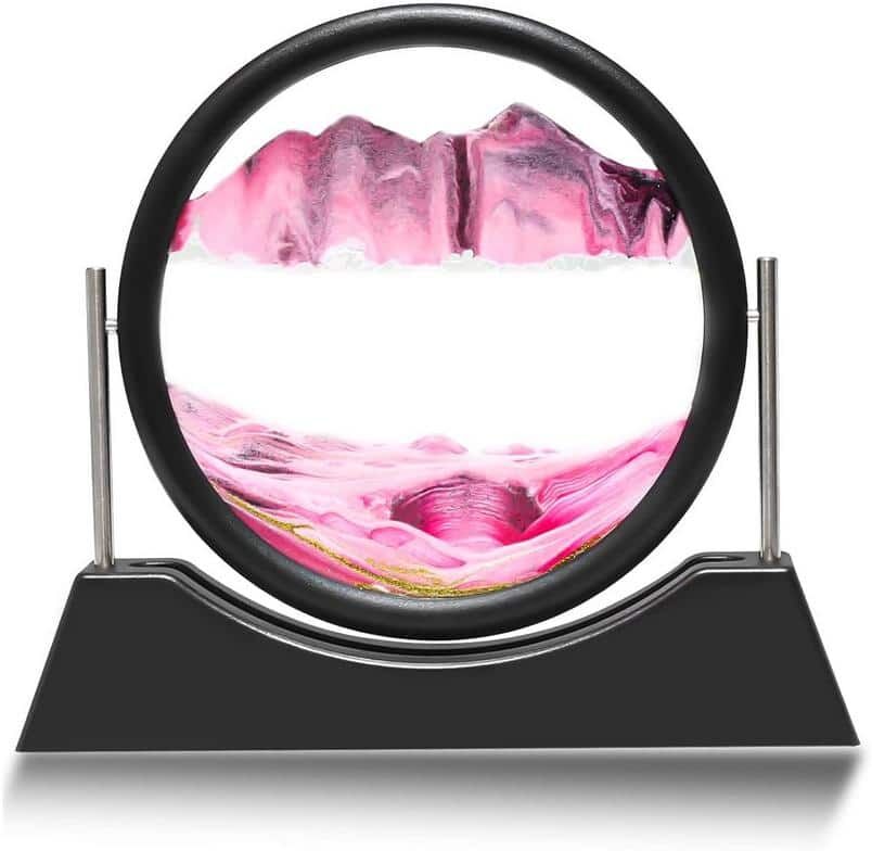 Afoxsos Pink 3D Hourglass Moving Sand Art Liquid Motion Decor with Round Glass and Rotating Stand