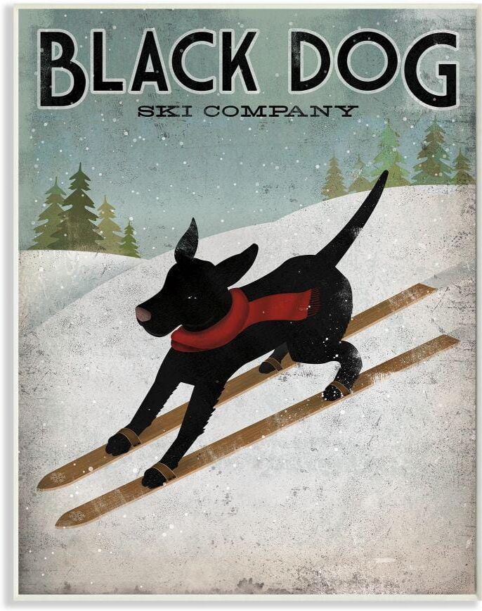 Stupell Industries Black Dog Ski Company Winter Sports Pet Sign by Ryan Fowler Unframed Animal Wood Wall Art Print 13 in. x 19 in.