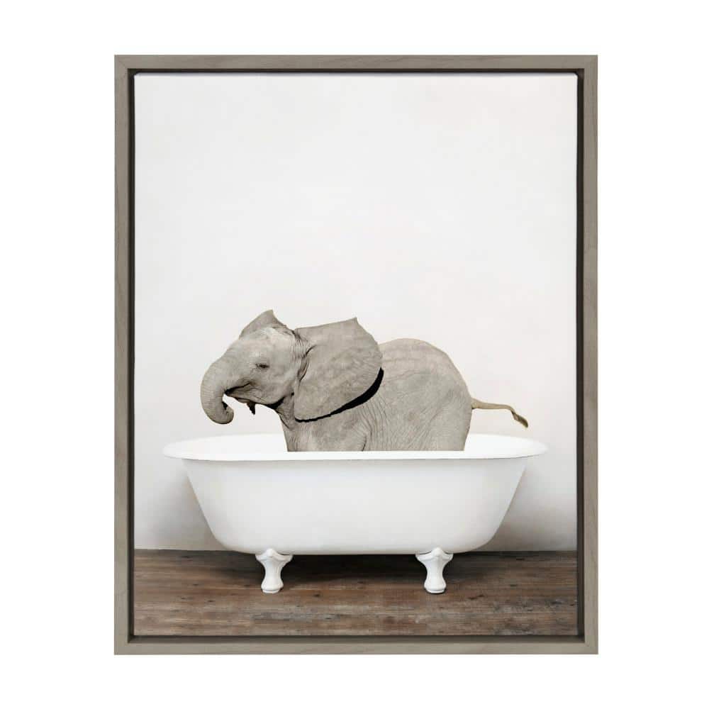Kate and Laurel Sylvie "Baby Elephant in the Tub" by Amy Peterson Art Studio Framed Canvas Wall Art 18 in. x 24 in.