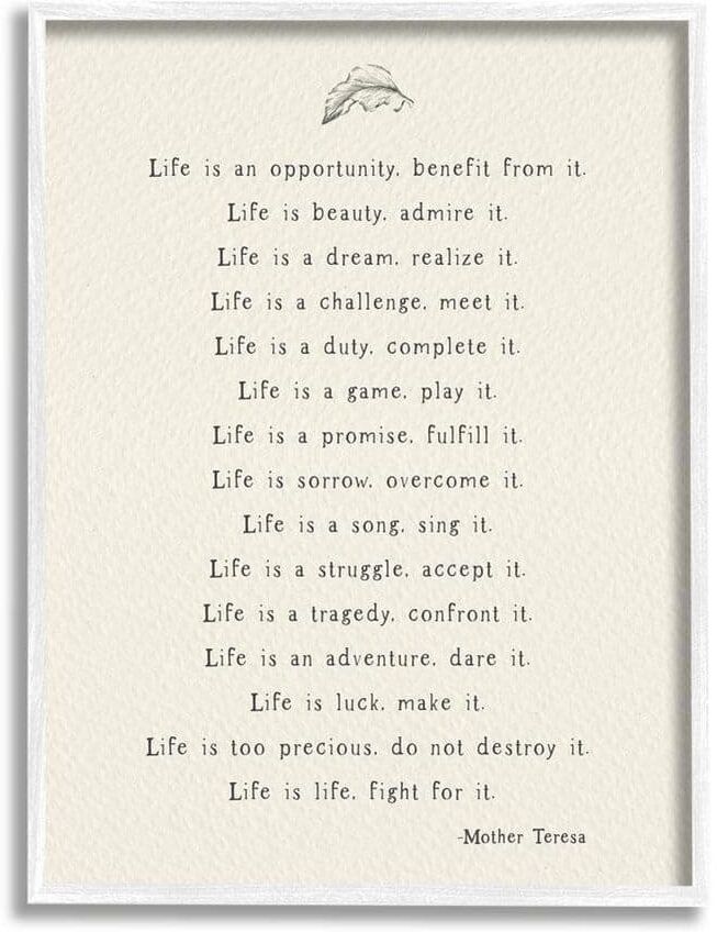 The Stupell Home Decor Collection Inspirational Mother Theresa Life Quote Simple Botanical by Amy Brinkman Framed Typography Art Print 14 in. x 11 in.