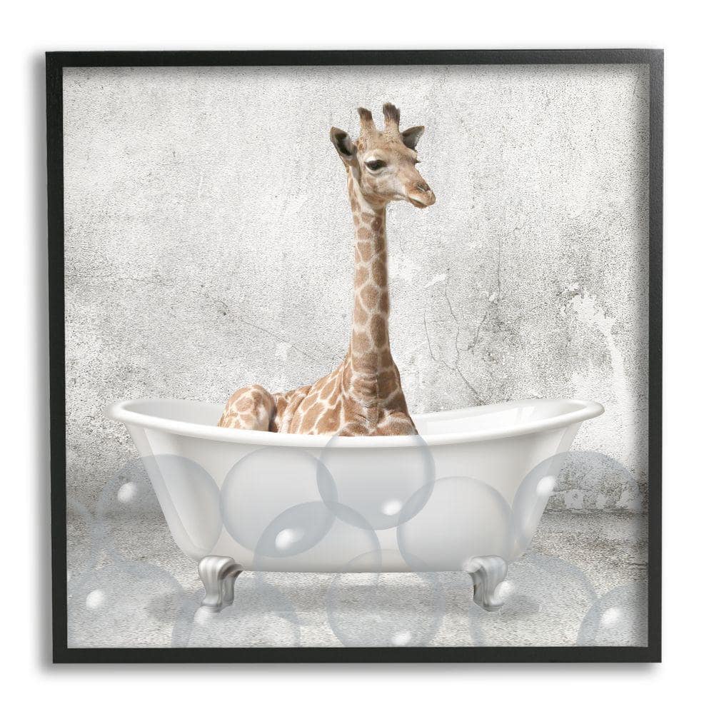Stupell Industries Baby Giraffe Bath Time Cute Animal Design by Kim Allen Framed Print Animal Texturized Art 12 in. x 12 in.