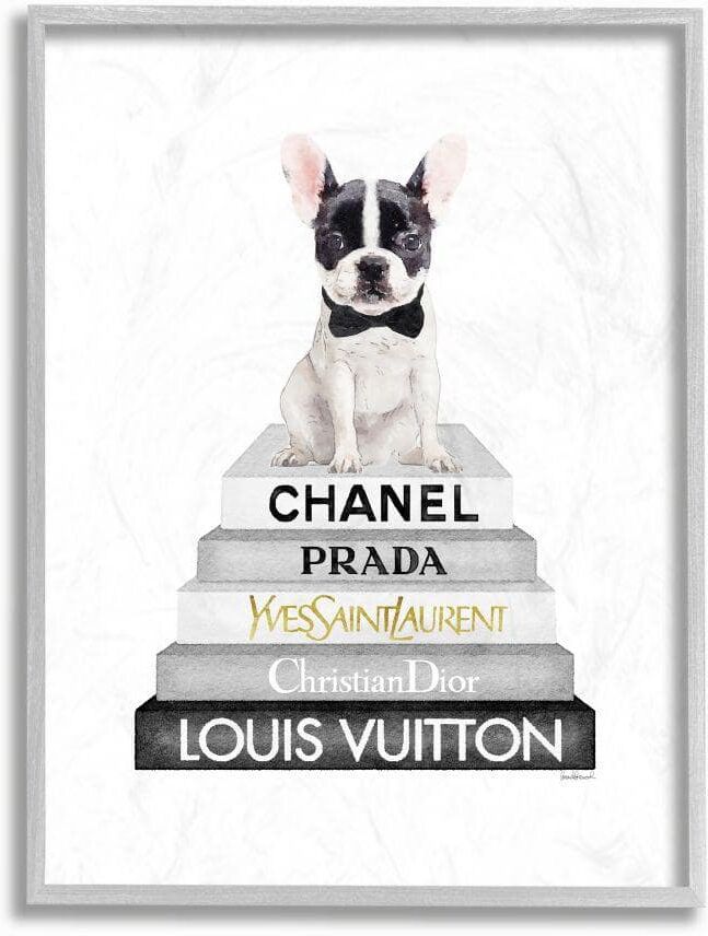 Stupell Industries Cute French Bulldog Puppy Sitting on Glam Bookstack by Amanda Greenwood Framed Animal Wall Art Print 11 in. x 14 in.