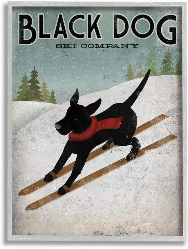 Stupell Industries Black Dog Ski Company Winter Sports Pet Sign by Ryan Fowler Framed Animal Wall Art Print 11 in. x 14 in.