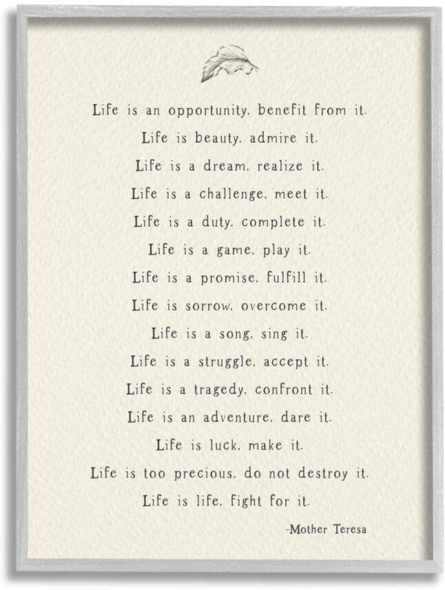 The Stupell Home Decor Collection Inspirational Mother Theresa Life Quote Simple Botanical by Amy Brinkman Framed Typography Art Print 20 in. x 16 in.