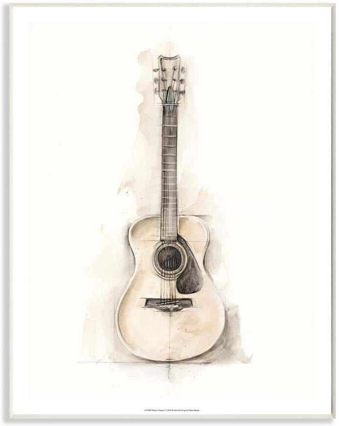 Stupell Industries Acoustic Guitar Watercolor Drawing by Ethan Harper Wood Abstract Wall Art 15 in. x 10 in.