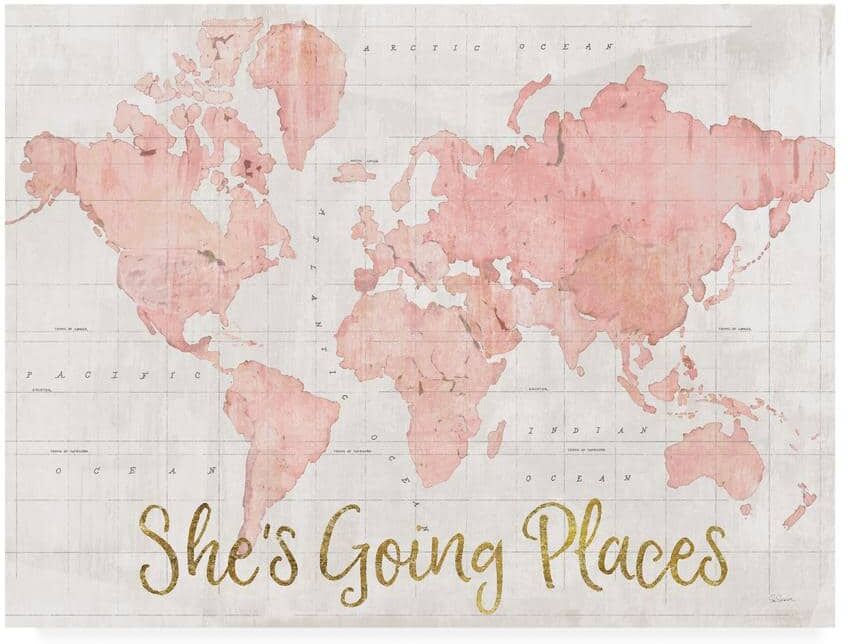 Trademark Fine Art Across The World Shes Going Places Pink by Sue Schlabach Wall Art 14 in. x 19 in.