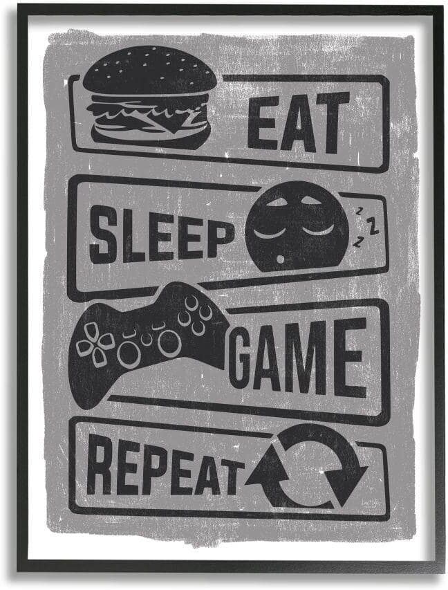 Stupell Industries Eat Sleep Game Repeat Phrases Video Gamer Icons by Lux + Me Designs Framed Typography Wall Art Print 11 in. x 14 in.