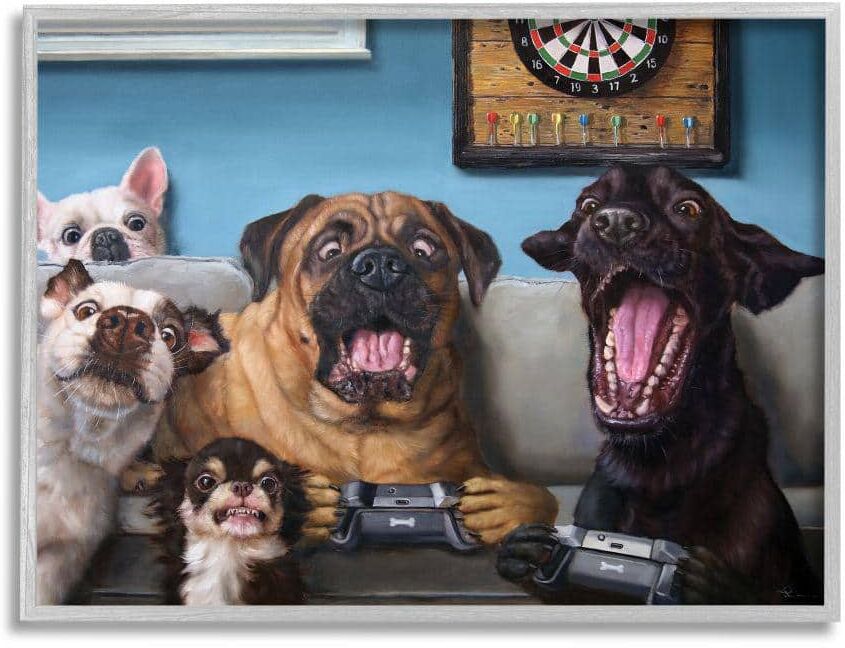 Stupell Industries Funny Dogs Playing Video Games Livingroom Pet Portrait by Lucia Heffernan Framed Animal Wall Art Print 11 in. x 14 in.