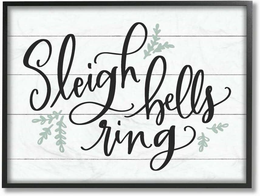 Stupell Industries 16 in. x 20 in. "Holiday Sleigh Bells Ring Black White and Blue Typography" by Artist Lettered and Lined Framed Wall Art