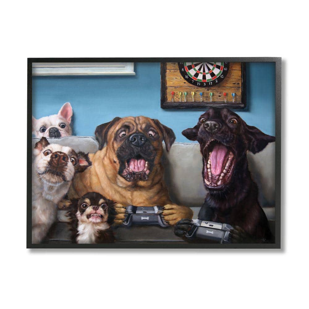 Stupell Industries Funny Dogs Playing Video Games Livingroom Pet Portrait by Lucia Heffernan Framed Animal Wall Art Print 11 in. x 14 in.