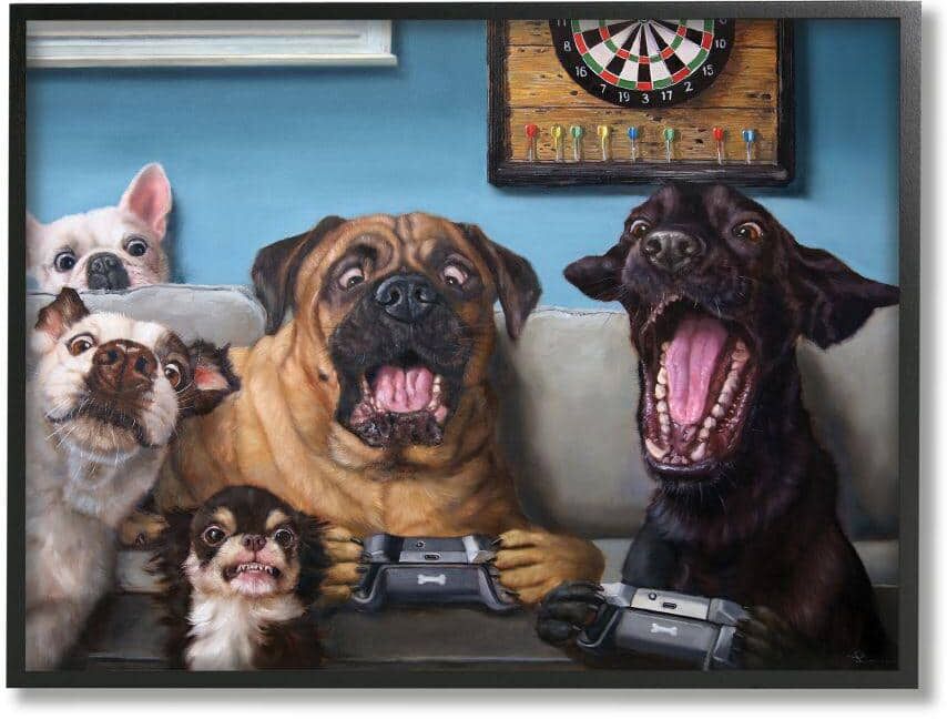 Stupell Industries Funny Dogs Playing Video Games Livingroom Pet Portrait by Lucia Heffernan Framed Animal Wall Art Print 16 in. x 20 in.