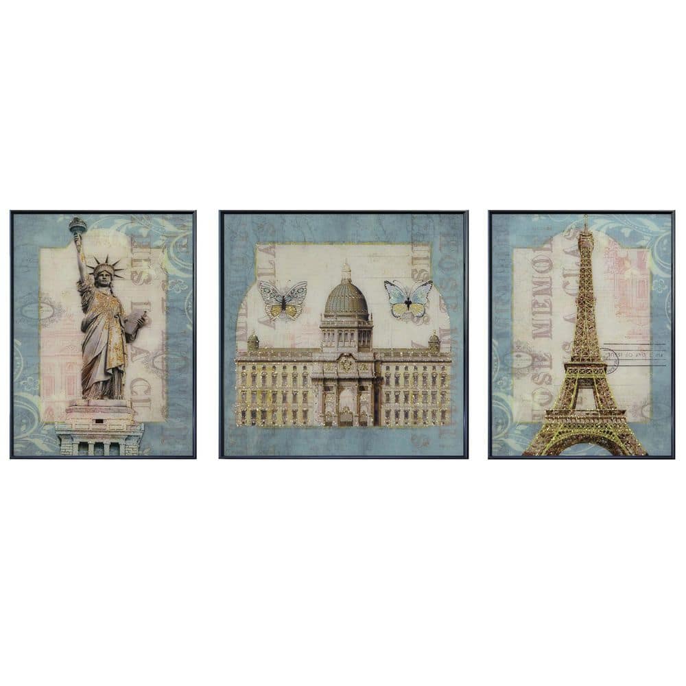 Ancient Architecture Glass Framed Wall Decorate Art Print (3 pcs) 32 in. x 32 in.