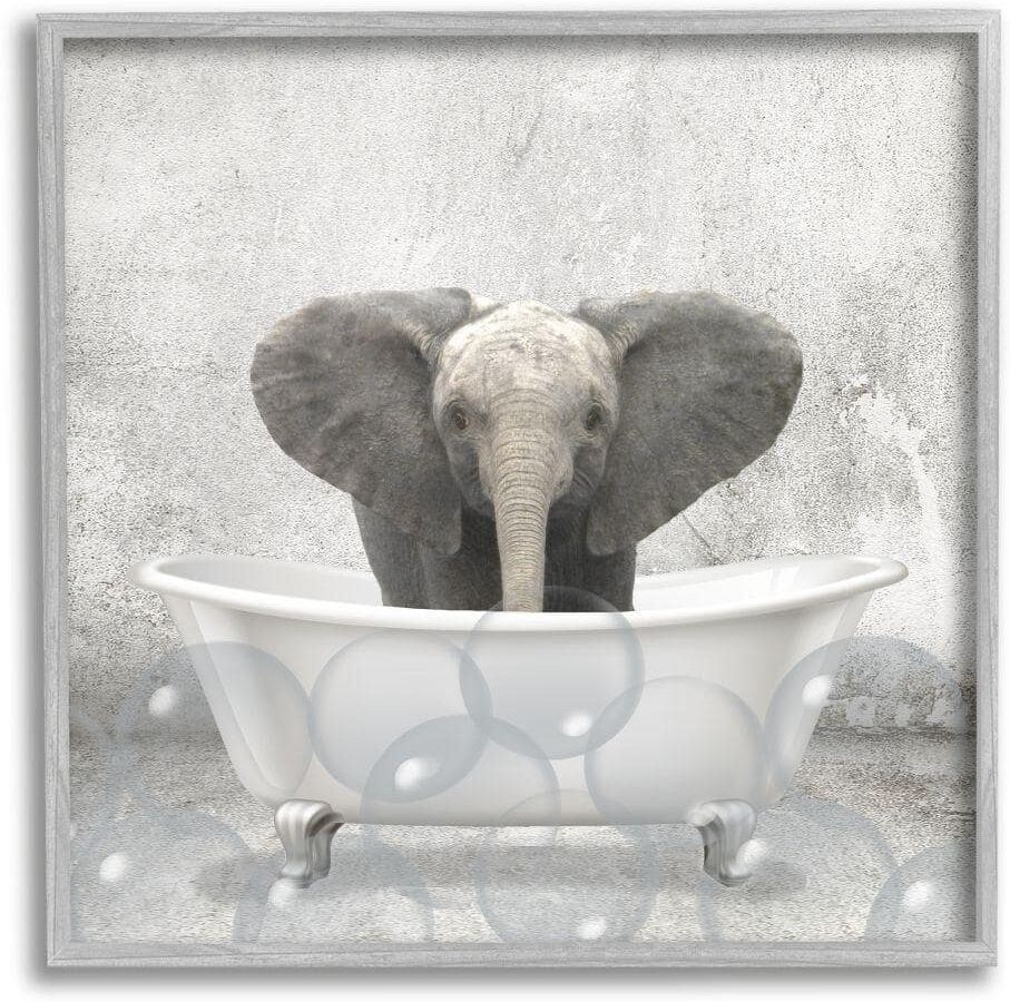 Stupell Industries Baby Elephant Bath Time Cute Animal Design By Kim Allen Framed Print Animal Texturized Art 24 in. x 24 in.