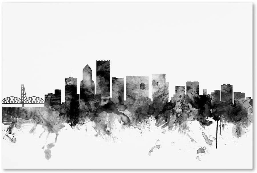 Trademark Fine Art Portland Oregon Skyline Black and White by Michael Tompsett Floater Frame Architecture Wall Art 12 in. x 19 in.