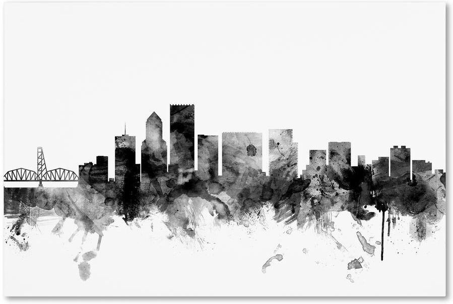 Trademark Fine Art Portland Oregon Skyline Black and White by Michael Tompsett Floater Frame Architecture Wall Art 30 in. x 47 in.