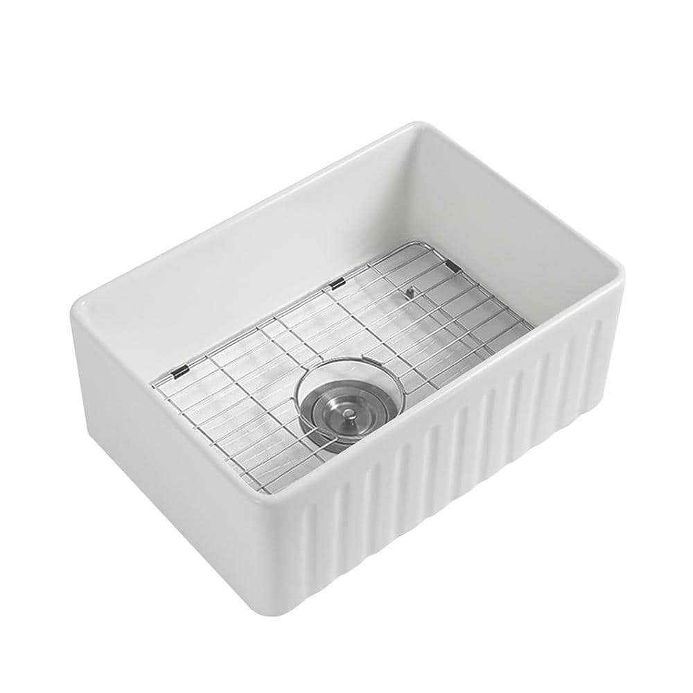 RAINLEX 33 in. Farmhouse Apron-Front Kitchen Sink White Single Bowl Fireclay Kitchen Sink, Bottom Grid and Strainer Included