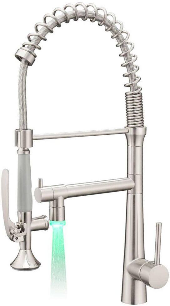 FLG Double Handle LED Kitchen Sink Faucet with Pull Down Sprayer Modern Commercial Spring Brass Taps in Brushed Nickel