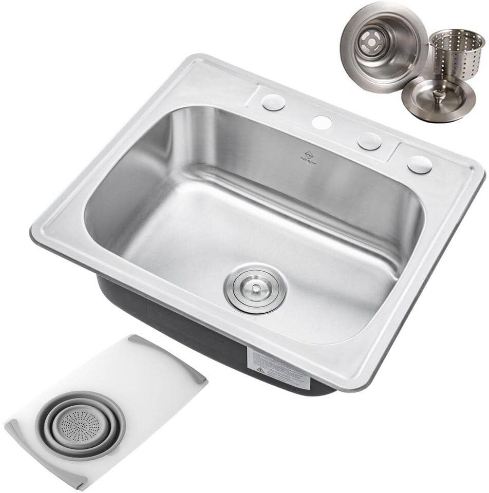 eModernDecor Topmount Drop-In 18G Stainless Steel 25 in. x 22 in. 4-Faucet Hole Single Bowl Kitchen Sink with Colander and Strainer