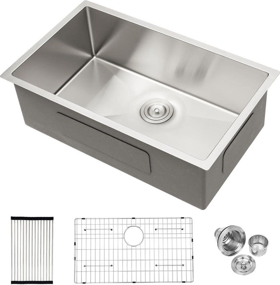 cadeninc 16-Gauge Stainless Steel Kitchen Sink 33 in. Undermount Single Bowl with 10 in. D, Includes Accessories