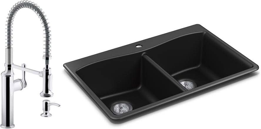 KOHLER Kennon Drop-in/Undermount Granite Composite 33 in. Double Bowl Kitchen Sink with Sous Kitchen Faucet in Matte Black