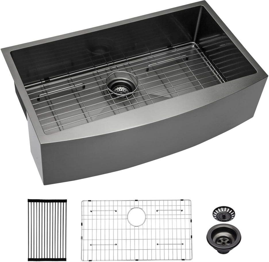 Gunmetal Black 16 Gauge Finish Stainless Steel 33 in. Single Bowl Farmhouse Apron Front Kitchen Sink with Accessories