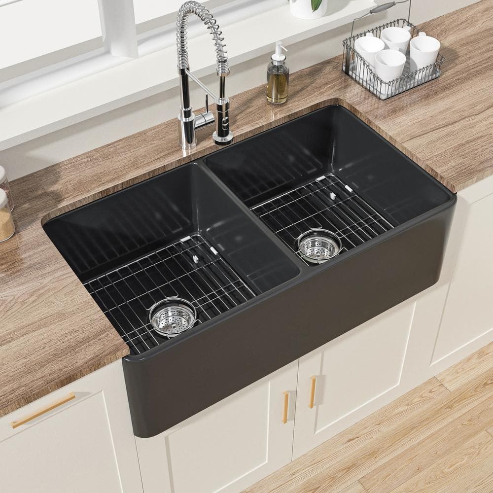 HOMLYLINK Farmhouse Kitchen Sink 33 in. Barn Sink Apron Front Double Bowl Black Fireclay Kitchen Sink with Bottom Grids Farm Sink