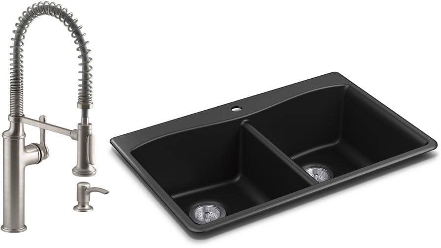 KOHLER Kennon Drop-in/Undermount Granite Composite 33 in. Double Bowl Kitchen Sink with Sous Kitchen Faucet in Matte Black