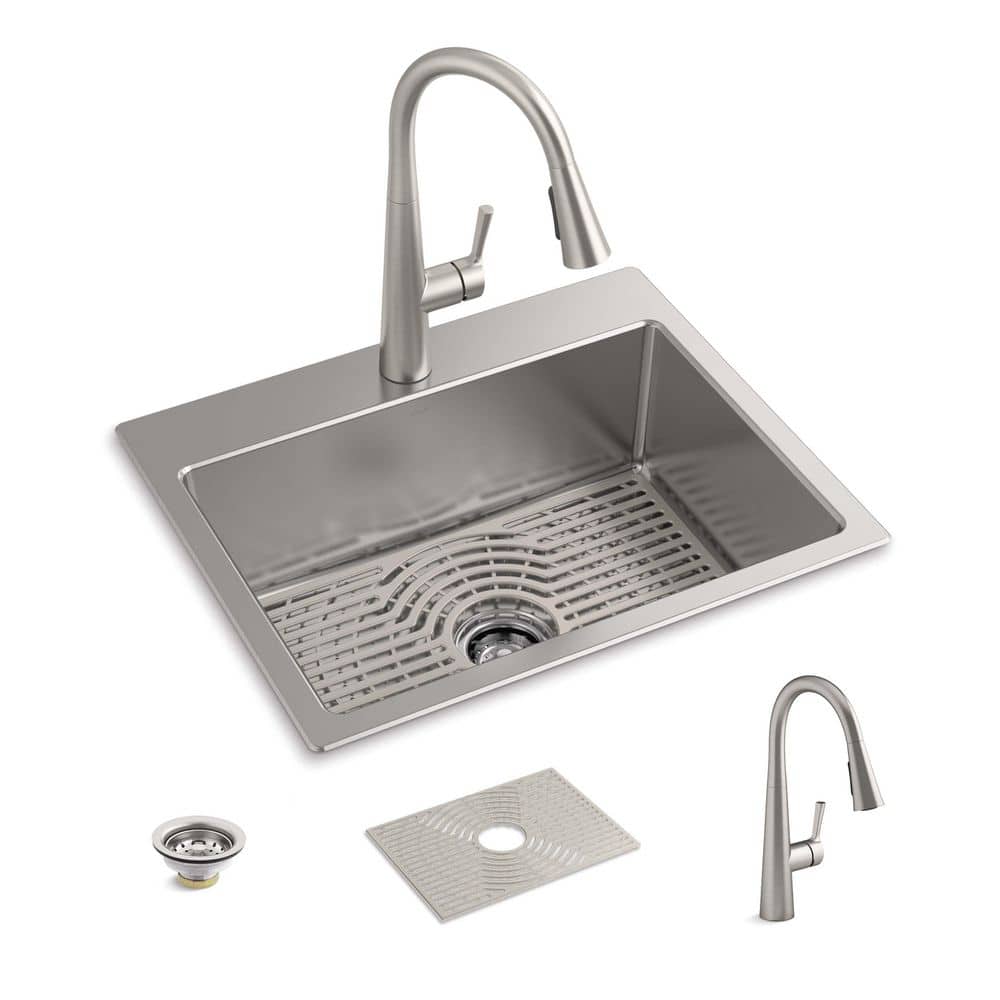 KOHLER Cursiva Stainless Steel 27 in. Single Bowl Top-Mount/Undermount Kitchen Sink with Faucet