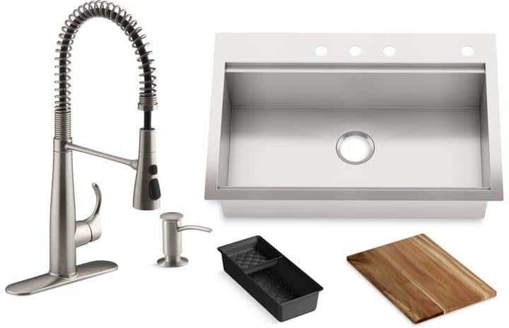 KOHLER Lyric Workstation 33 in. Dual Mount Stainless Steel Single Bowl Kitchen Sink with Simplice Semi Pro Kitchen Faucet