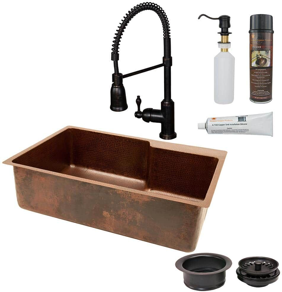 Premier Copper Products All-in-One Undermount Copper 33 in. 0-Hole Single Bowl Kitchen Sink with Space for Spring Faucet in Oil Rubbed Bronze