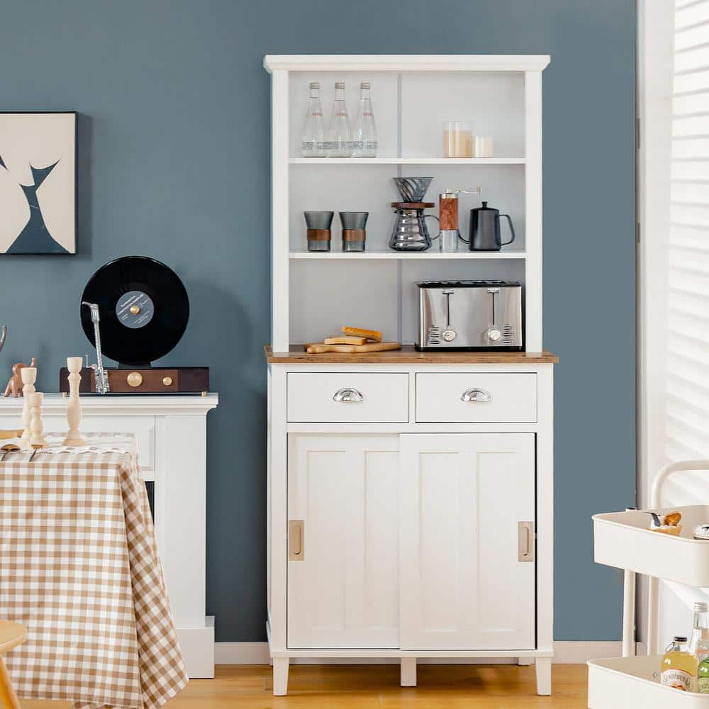 ANGELES HOME 67 in. H White Kitchen Pantry Dining Hutch Storage Cabinet with Buffet Cupboard, Sliding Door