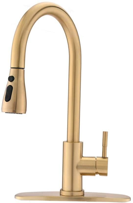 FLG Single Handle Pull Down Sprayer Kitchen Faucet with Pull Out Spray Wand Modern Stainless Steel Sink Taps in Brushed Gold