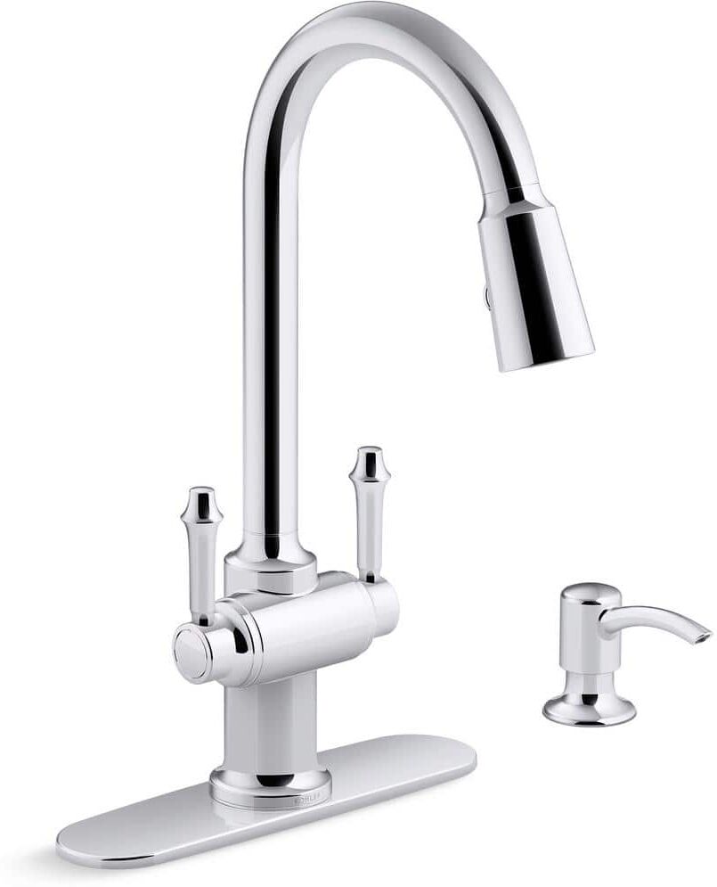 KOHLER Thierry Two Handle Pull-Down Sprayer Kitchen Faucet with Soap Dispenser in Polished Chrome