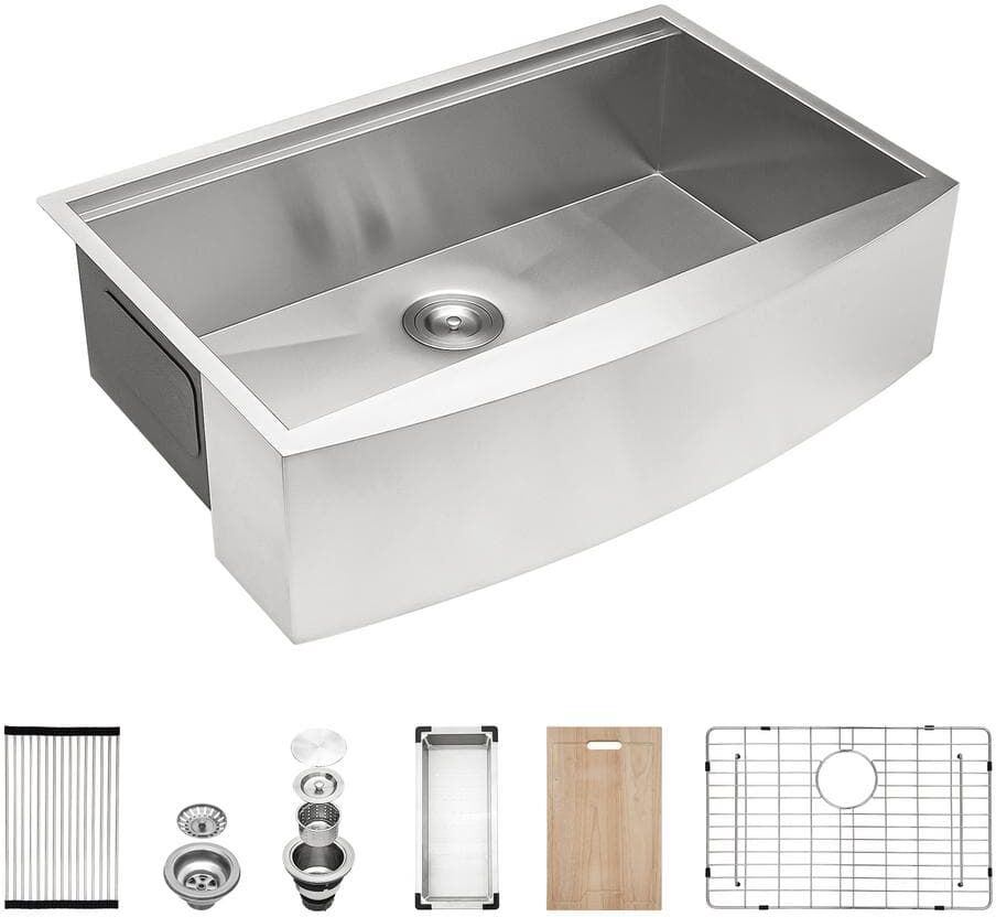 Heemli Brushed Nickel 18-Gauge Stainless Steel 30 in. Single Bowl Farmhouse Apron Workstation Kitchen Sink