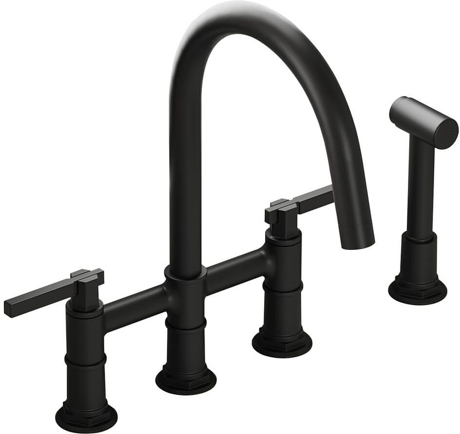 BWE Modern Double Handle 4-Holes Deck Mount Bridge Kitchen Faucet with Side Sprayer Sink Faucet 360 Swivel Spout in Black