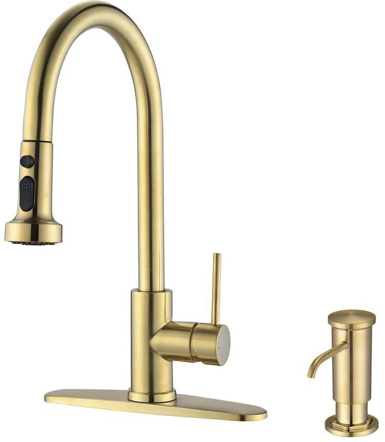 Single Handle Pull Down Sprayer Kitchen Faucet with Soap Dispenser in Brushed Gold