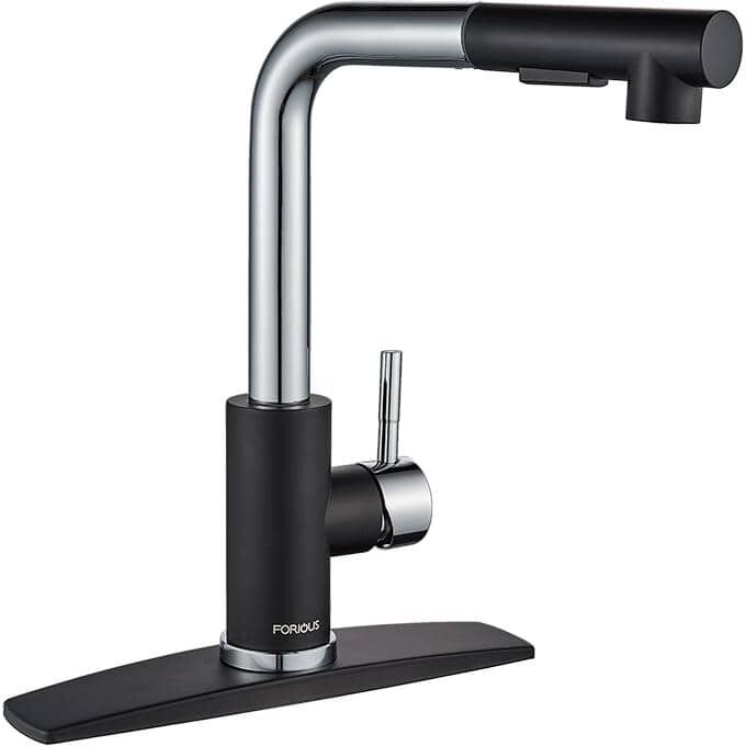 FORIOUS Single-Handle Kitchen Sink Faucet with Pull Down Sprayer Kitchen Faucet in Black Chrome