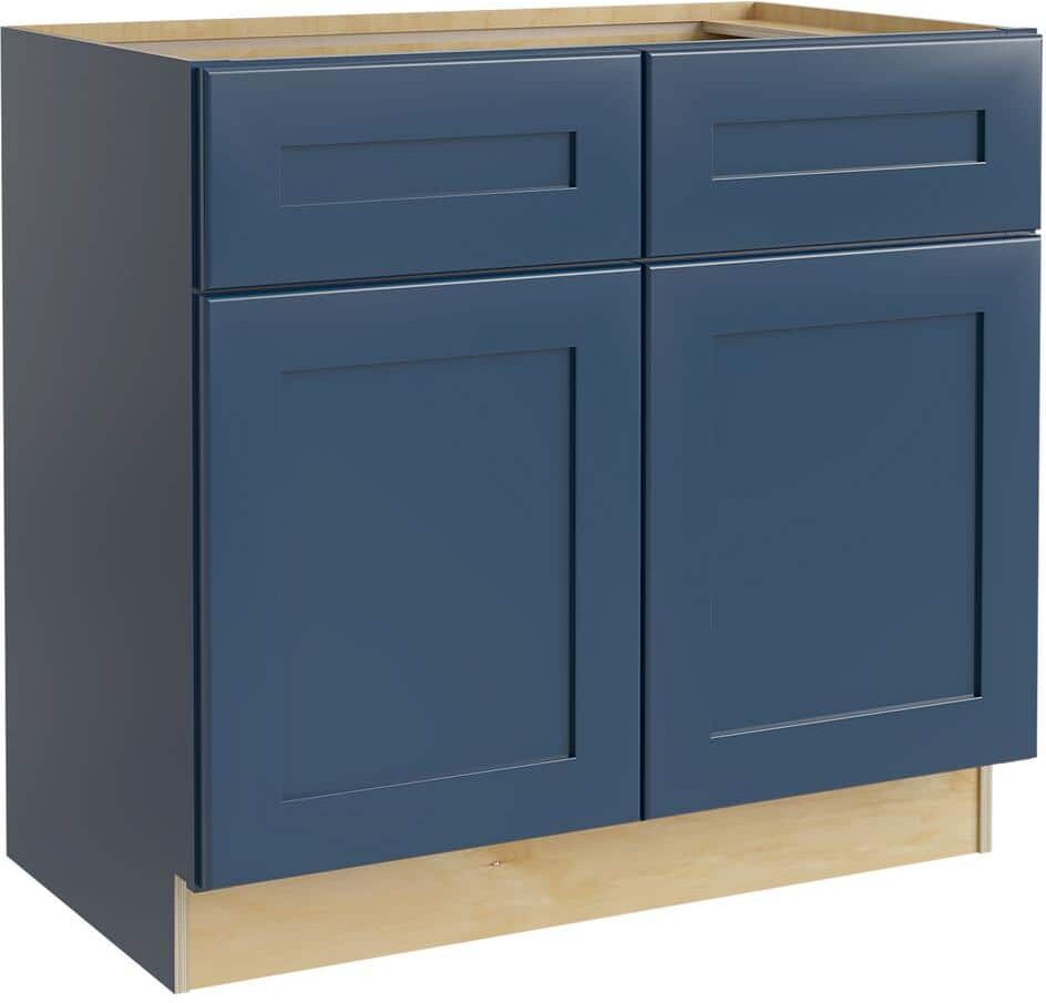 Home Decorators Collection Newport Blue Painted Plywood Shaker Assembled Sink Base Kitchen Cabinet Soft Close 33 in W x 24 in D x 34.5 in H