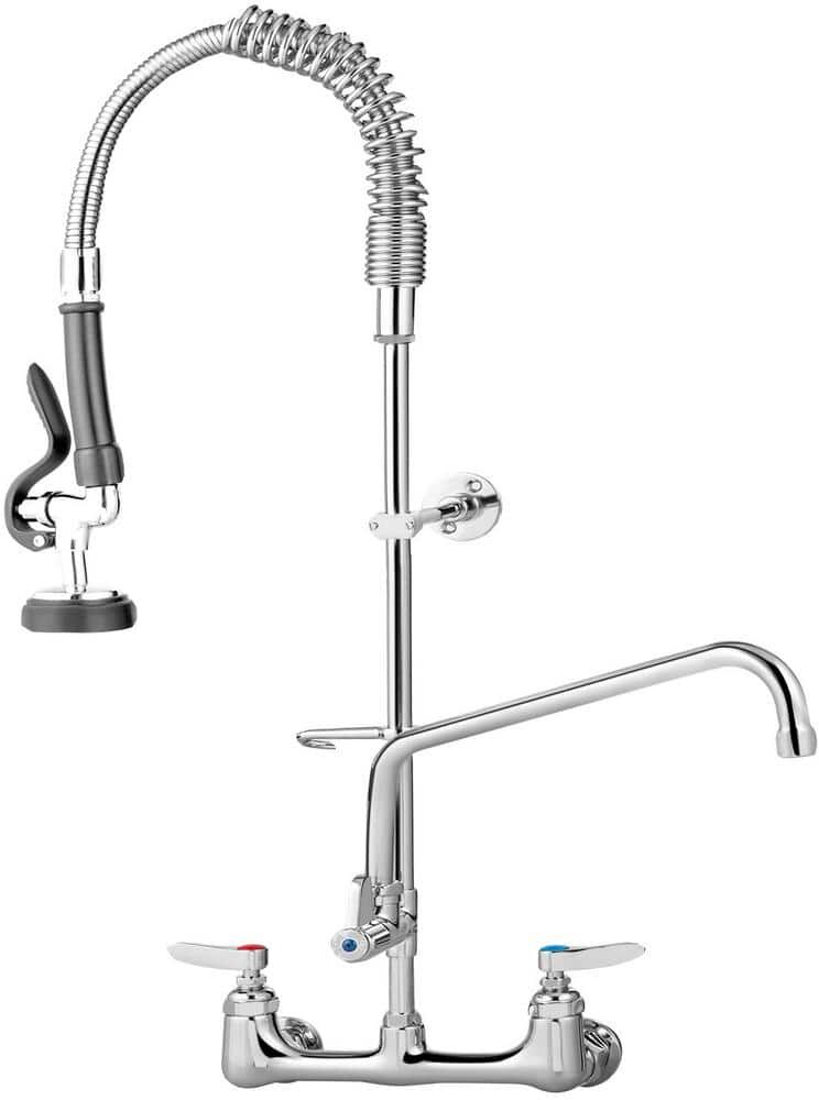 VEVOR Commercial Wall Mount Triple Handle Pull Down Sprayer Kitchen Faucet with Pre-Rinse Sprayer Stainless Steel in Silver