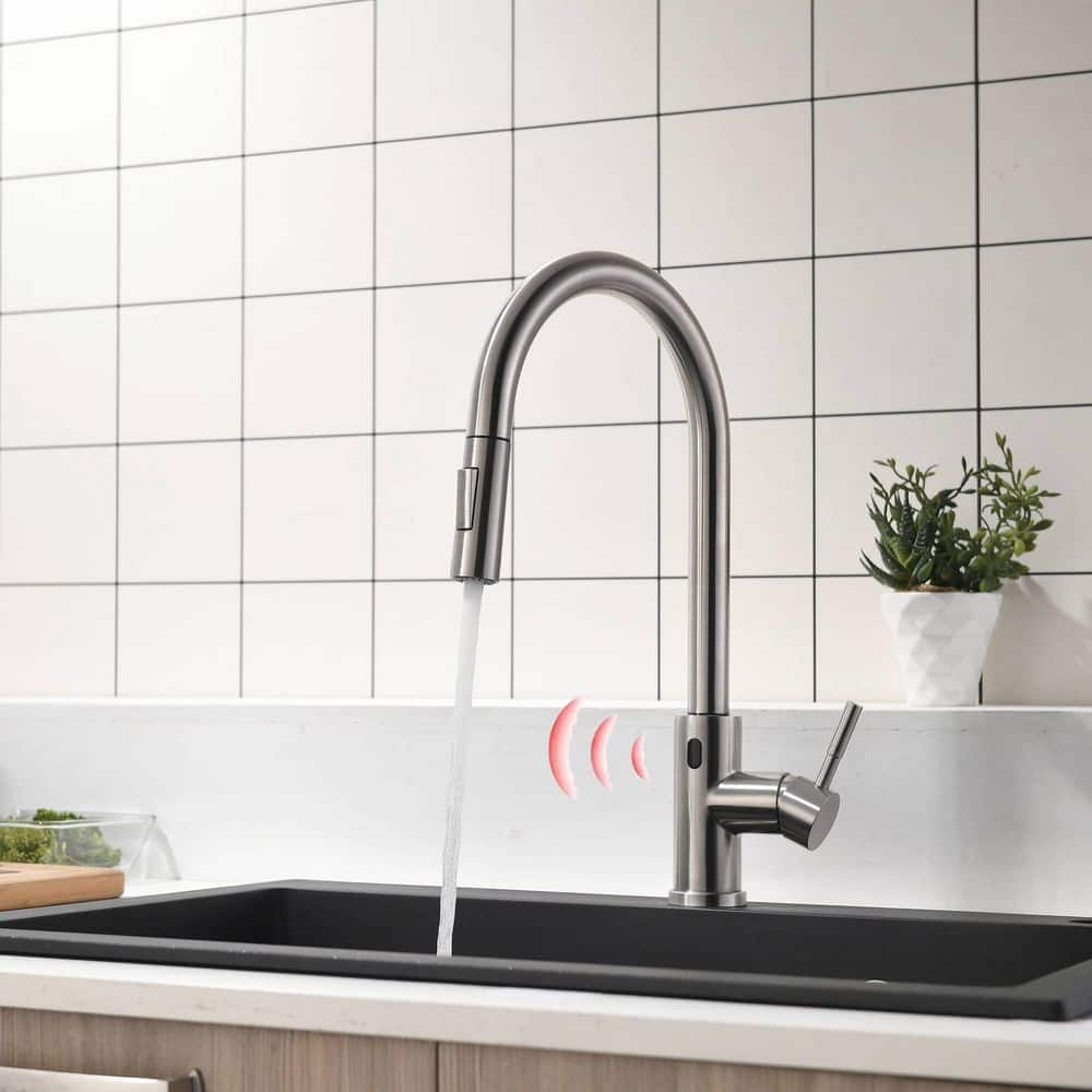 FLG Single Handle Touchless Kitchen Faucet with Pull Down Sprayer Modern Smart 1 Hole 304 Stainless Steel Tap Brushed Nickel