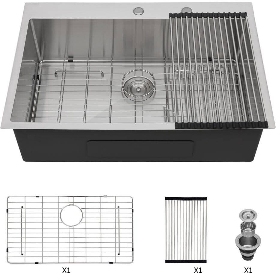 33 in. x 22 in. Drop-in Stainless Steel Single Bowl Kitchen Sink Brushed Nickel with Accessory