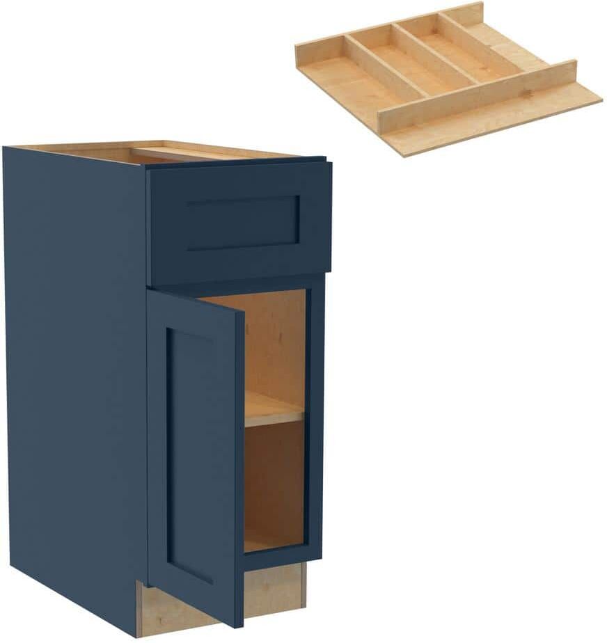 Home Decorators Collection Newport 15 in. W x 24 in. D x 34.5 in. H Blue Painted Plywood Shaker Assembled Base Kitchen Cabinet Left UT Tray