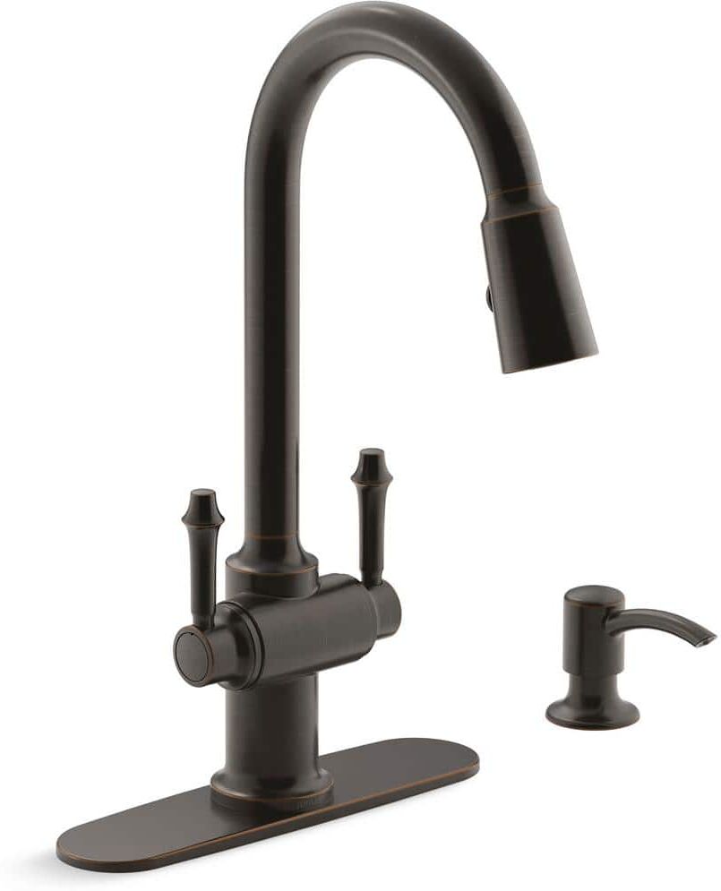 KOHLER Thierry Two Handle Pull-Down Sprayer Kitchen Faucet with Soap Dispenser in Oil-Rubbed Bronze