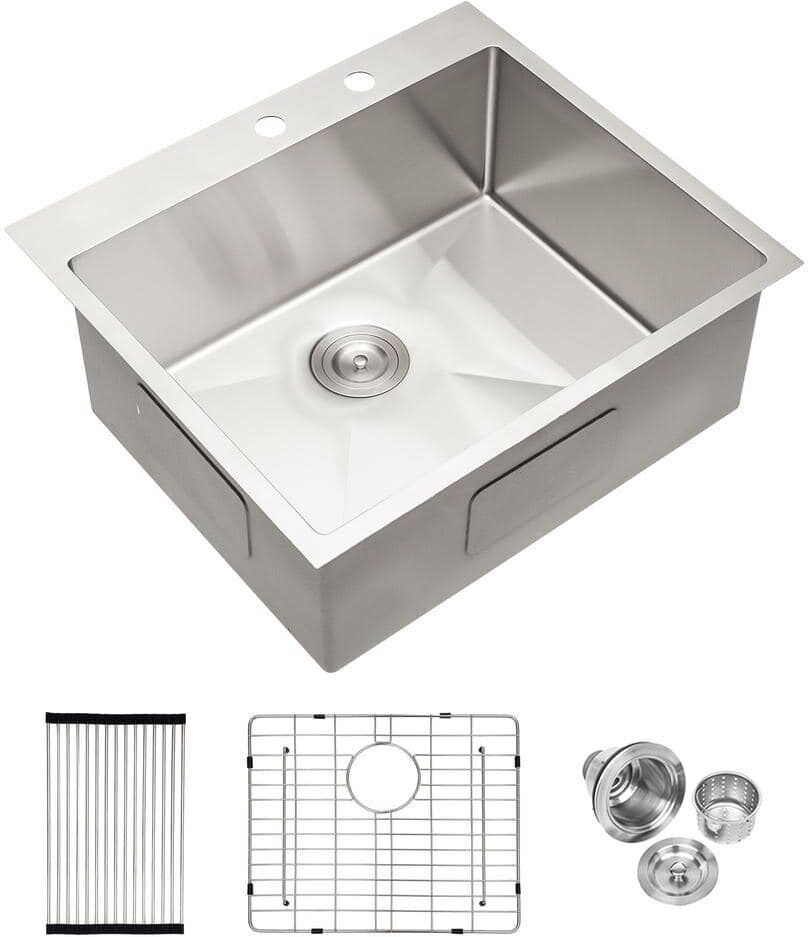 Brushed Nickel Stainless Steel 25 in. x 22 in. Single Bowl Undermount Kitchen Sink with Bottom Grid