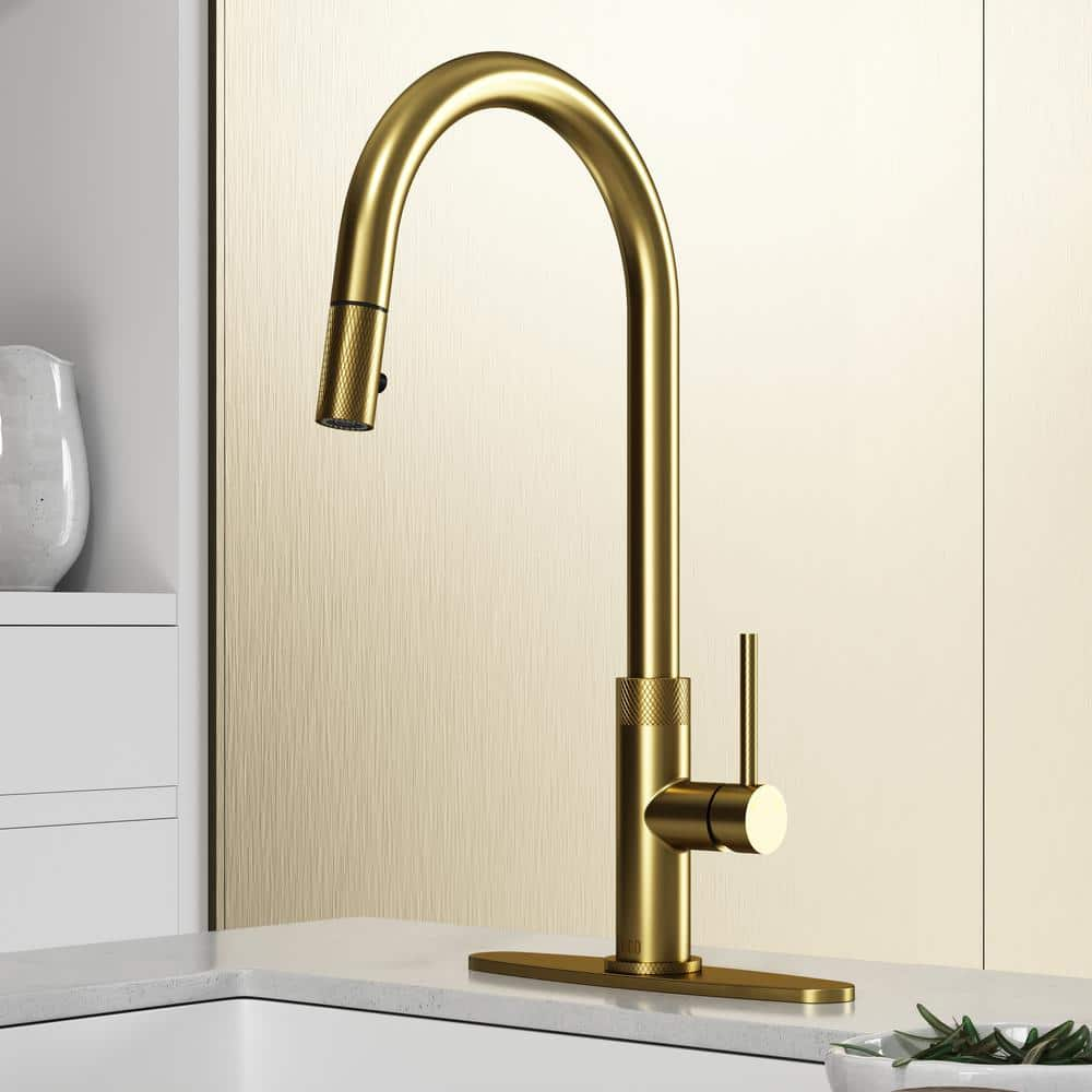 VIGO Bristol Pull-Down Sprayer Kitchen Faucet Set with Deck Plate in Matte Brushed Gold