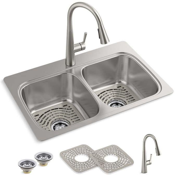 KOHLER Verse Stainless Steel 33 in. Double Bowl Drop-In Kitchen Sink with Faucet